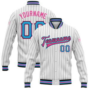 Custom White Black Pinstripe Sky Blue-Pink Bomber Full-Snap Varsity Letterman Jacket