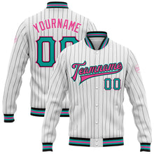 Load image into Gallery viewer, Custom White Black Pinstripe Aqua-Pink Bomber Full-Snap Varsity Letterman Jacket
