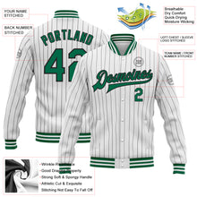 Laden Sie das Bild in den Galerie-Viewer, Custom White Black Pinstripe Kelly Green Bomber Full-Snap Varsity Letterman Jacket
