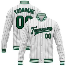 Laden Sie das Bild in den Galerie-Viewer, Custom White Black Pinstripe Kelly Green Bomber Full-Snap Varsity Letterman Jacket
