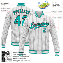 Load image into Gallery viewer, Custom White Black Pinstripe Aqua Bomber Full-Snap Varsity Letterman Jacket
