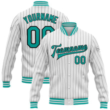 Laden Sie das Bild in den Galerie-Viewer, Custom White Black Pinstripe Aqua Bomber Full-Snap Varsity Letterman Jacket
