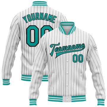 Custom White Black Pinstripe Aqua Bomber Full-Snap Varsity Letterman Jacket