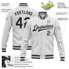 Laden Sie das Bild in den Galerie-Viewer, Custom White Black Pinstripe Gray Bomber Full-Snap Varsity Letterman Jacket
