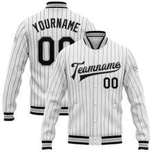 Laden Sie das Bild in den Galerie-Viewer, Custom White Black Pinstripe Gray Bomber Full-Snap Varsity Letterman Jacket
