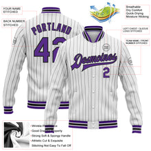 Laden Sie das Bild in den Galerie-Viewer, Custom White Black Pinstripe Purple Bomber Full-Snap Varsity Letterman Jacket
