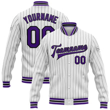 Laden Sie das Bild in den Galerie-Viewer, Custom White Black Pinstripe Purple Bomber Full-Snap Varsity Letterman Jacket
