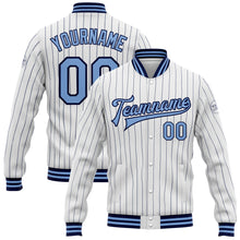 Laden Sie das Bild in den Galerie-Viewer, Custom White Navy Pinstripe Light Blue Bomber Full-Snap Varsity Letterman Jacket
