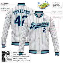 Load image into Gallery viewer, Custom White Navy Pinstripe Gray-Teal Bomber Full-Snap Varsity Letterman Jacket
