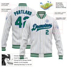 Laden Sie das Bild in den Galerie-Viewer, Custom White Royal Pinstripe Kelly Green Bomber Full-Snap Varsity Letterman Jacket
