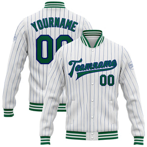 Custom White Royal Pinstripe Kelly Green Bomber Full-Snap Varsity Letterman Jacket