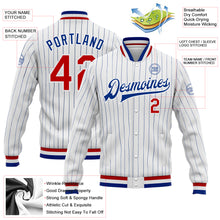 Load image into Gallery viewer, Custom White Royal Pinstripe Red Bomber Full-Snap Varsity Letterman Jacket
