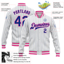 Laden Sie das Bild in den Galerie-Viewer, Custom White Royal Pinstripe Pink Bomber Full-Snap Varsity Letterman Jacket
