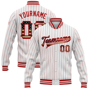 Custom White Red Pinstripe Vintage USA Flag Bomber Full-Snap Varsity Letterman Jacket