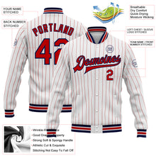 Load image into Gallery viewer, Custom White Red Pinstripe Navy Bomber Full-Snap Varsity Letterman Jacket
