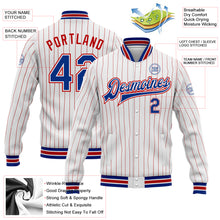 Load image into Gallery viewer, Custom White Red Pinstripe Royal Bomber Full-Snap Varsity Letterman Jacket
