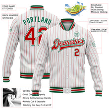 Load image into Gallery viewer, Custom White Red Pinstripe Kelly Green Bomber Full-Snap Varsity Letterman Jacket
