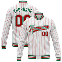 Load image into Gallery viewer, Custom White Red Pinstripe Kelly Green Bomber Full-Snap Varsity Letterman Jacket
