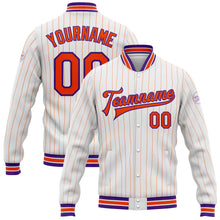 Load image into Gallery viewer, Custom White Orange Pinstripe Purple Bomber Full-Snap Varsity Letterman Jacket
