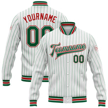 Load image into Gallery viewer, Custom White Kelly Green Pinstripe Red Bomber Full-Snap Varsity Letterman Jacket
