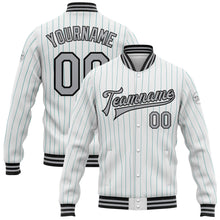 Load image into Gallery viewer, Custom White Teal Pinstripe Gray-Black Bomber Full-Snap Varsity Letterman Jacket
