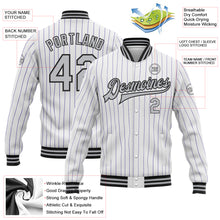 Load image into Gallery viewer, Custom White Purple Pinstripe Gray-Black Bomber Full-Snap Varsity Letterman Jacket
