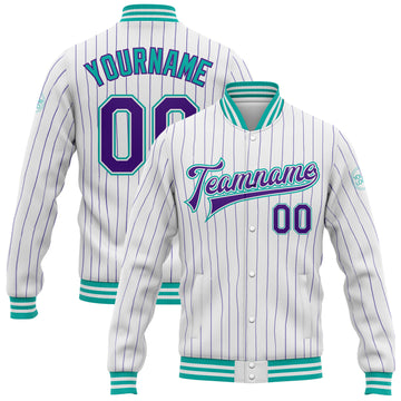 Custom White Purple Pinstripe Aqua Bomber Full-Snap Varsity Letterman Jacket