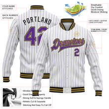 Load image into Gallery viewer, Custom White Purple Pinstripe Old Gold-Black Bomber Full-Snap Varsity Letterman Jacket
