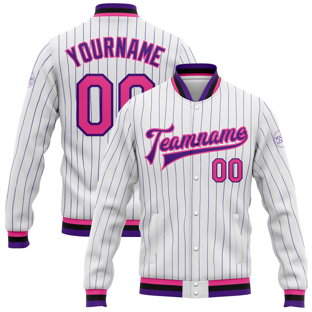 Custom White Purple Pinstripe Pink-Black Bomber Full-Snap Varsity Letterman Jacket