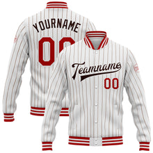 Load image into Gallery viewer, Custom White Brown Pinstripe Red Bomber Full-Snap Varsity Letterman Jacket
