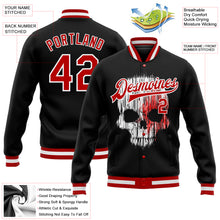 Laden Sie das Bild in den Galerie-Viewer, Custom Black Red-White Skull Fashion 3D Bomber Full-Snap Varsity Letterman Jacket
