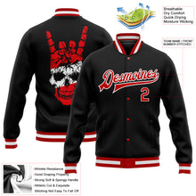 Laden Sie das Bild in den Galerie-Viewer, Custom Black Red-White Skull Fashion 3D Bomber Full-Snap Varsity Letterman Jacket
