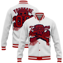 Laden Sie das Bild in den Galerie-Viewer, Custom White Red-Navy Skull Fashion 3D Bomber Full-Snap Varsity Letterman Jacket
