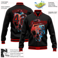 Laden Sie das Bild in den Galerie-Viewer, Custom Black Red Skull Fashion 3D Bomber Full-Snap Varsity Letterman Jacket
