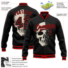 Laden Sie das Bild in den Galerie-Viewer, Custom Black Red Skull Fashion 3D Bomber Full-Snap Varsity Letterman Jacket
