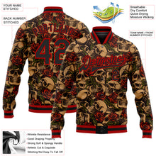 Laden Sie das Bild in den Galerie-Viewer, Custom Black Red Rose Skull Fashion 3D Bomber Full-Snap Varsity Letterman Jacket
