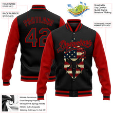 Laden Sie das Bild in den Galerie-Viewer, Custom Black Red Spartan Logo With Vintage USA Flag 3D Pattern Design Bomber Full-Snap Varsity Letterman Two Tone Jacket
