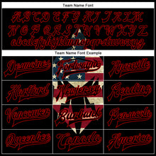 Laden Sie das Bild in den Galerie-Viewer, Custom Black Red Spartan Logo With Vintage USA Flag 3D Pattern Design Bomber Full-Snap Varsity Letterman Two Tone Jacket
