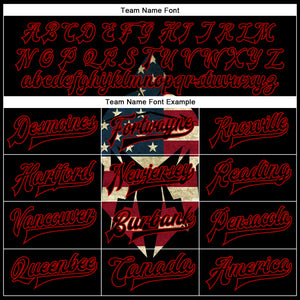 Custom Black Red Spartan Logo With Vintage USA Flag 3D Pattern Design Bomber Full-Snap Varsity Letterman Two Tone Jacket