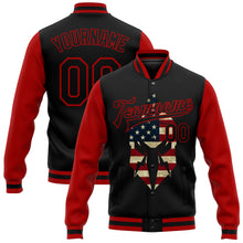 Load image into Gallery viewer, Custom Black Red Spartan Logo With Vintage USA Flag 3D Pattern Design Bomber Full-Snap Varsity Letterman Two Tone Jacket
