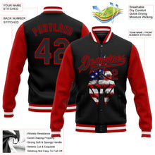Laden Sie das Bild in den Galerie-Viewer, Custom Black Red Spartan Logo With USA Flag 3D Pattern Design Bomber Full-Snap Varsity Letterman Two Tone Jacket
