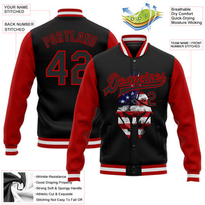 Custom Black Red Spartan Logo With USA Flag 3D Pattern Design Bomber Full-Snap Varsity Letterman Two Tone Jacket