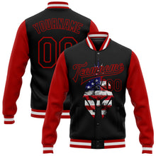 Load image into Gallery viewer, Custom Black Red Spartan Logo With USA Flag 3D Pattern Design Bomber Full-Snap Varsity Letterman Two Tone Jacket
