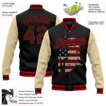 Laden Sie das Bild in den Galerie-Viewer, Custom Black Red-City Cream Spartan Logo With Vintage USA Flag 3D Pattern Design Bomber Full-Snap Varsity Letterman Two Tone Jacket

