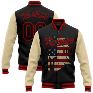 Custom Black Red-City Cream Spartan Logo With Vintage USA Flag 3D Pattern Design Bomber Full-Snap Varsity Letterman Two Tone Jacket