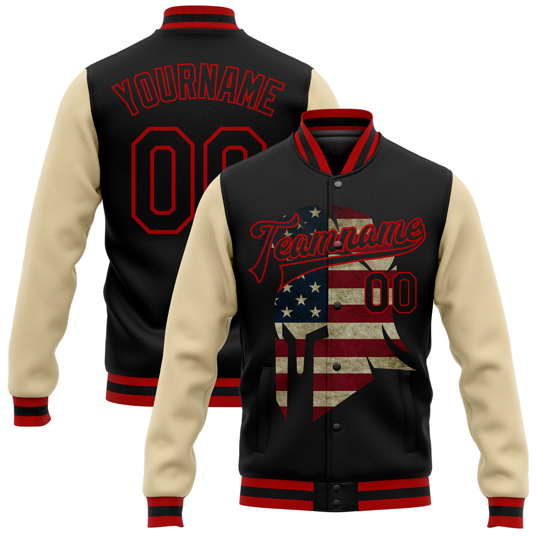 Custom Black Red-City Cream Spartan Logo With Vintage USA Flag 3D Pattern Design Bomber Full-Snap Varsity Letterman Two Tone Jacket