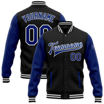 Custom Black Royal-White Bomber Full-Snap Varsity Letterman Two Tone Jacket