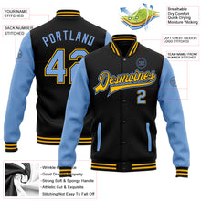 Load image into Gallery viewer, Custom Black Light Blue-Gold Bomber Full-Snap Varsity Letterman Two Tone Jacket
