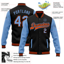 Load image into Gallery viewer, Custom Black Light Blue-Orange Bomber Full-Snap Varsity Letterman Two Tone Jacket
