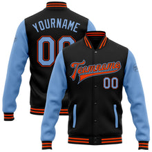 Load image into Gallery viewer, Custom Black Light Blue-Orange Bomber Full-Snap Varsity Letterman Two Tone Jacket
